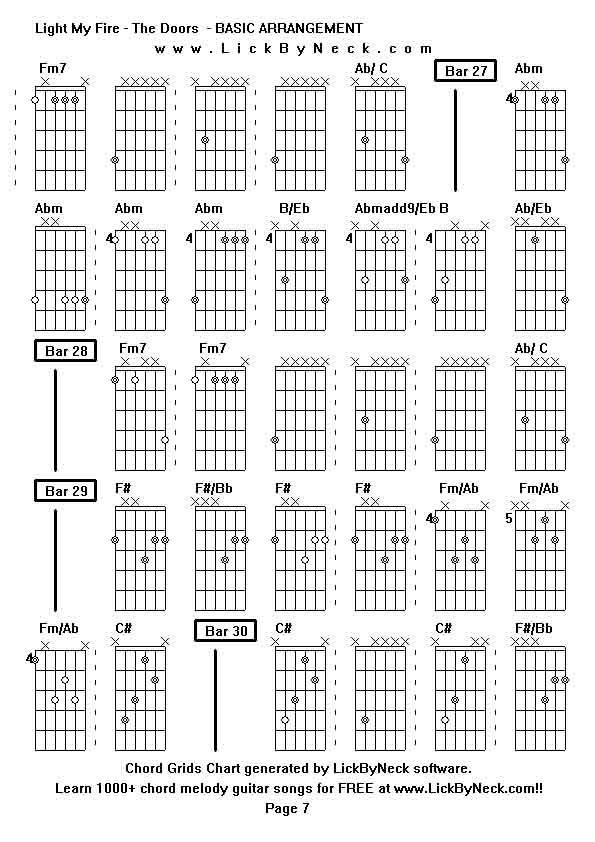 Chord Grids Chart of chord melody fingerstyle guitar song-Light My Fire - The Doors  - BASIC ARRANGEMENT,generated by LickByNeck software.